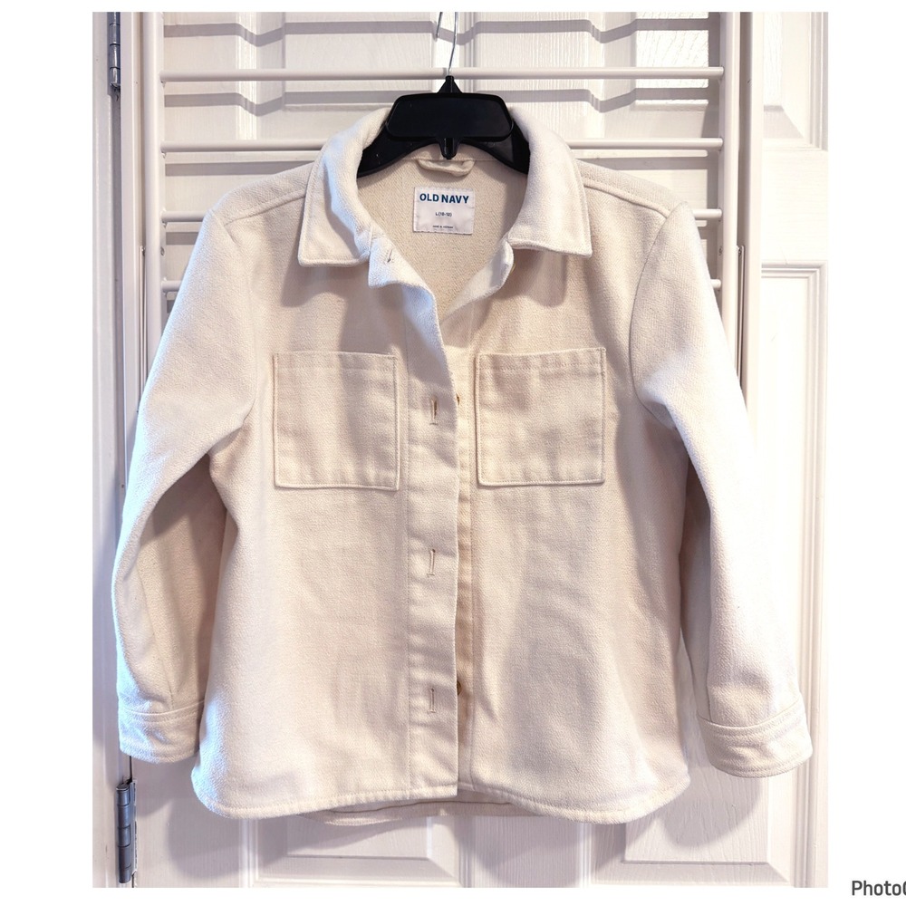Old Navy Heathered White Button Down Shacket Girls size 10-12 Fall Pumpkin Patch